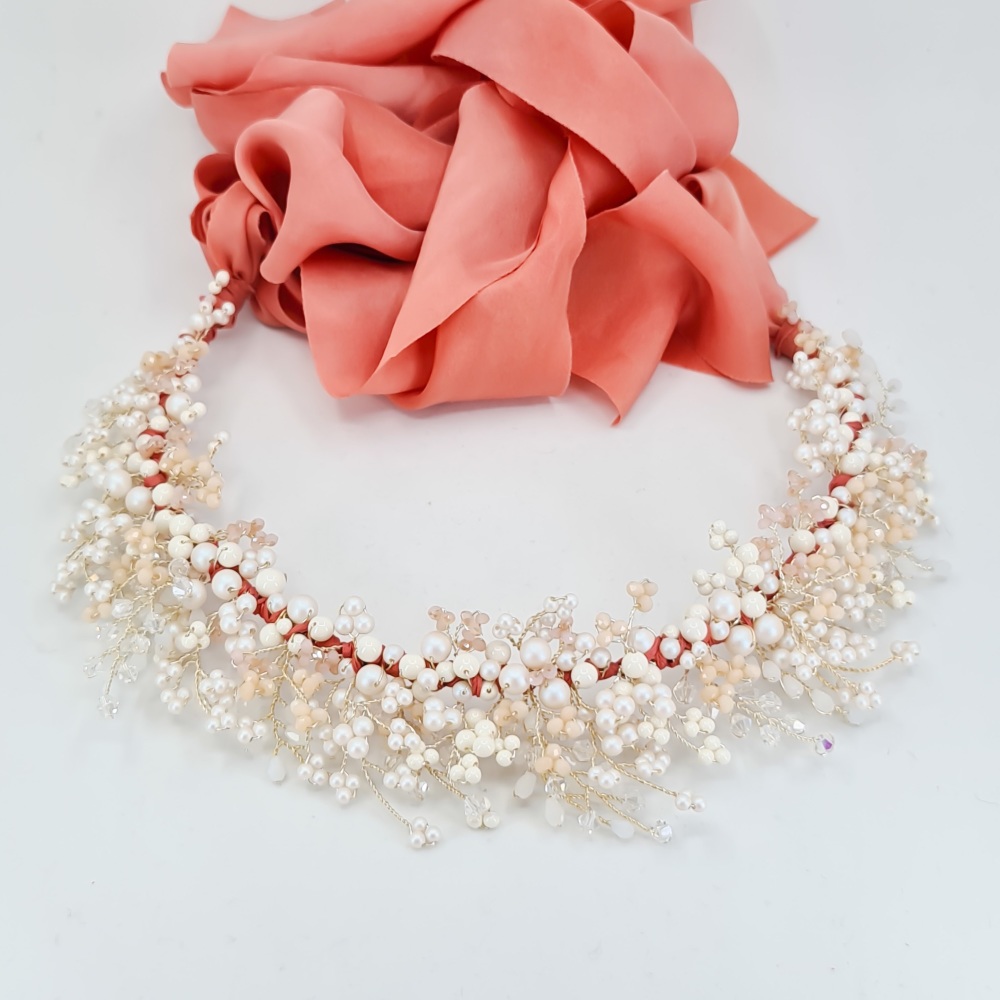 Coral and White Opal Spring Crown