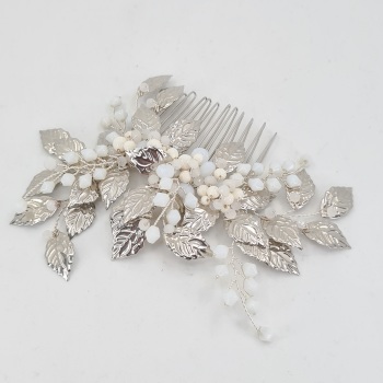 Silver Leaves and White Opal Hair Comb 