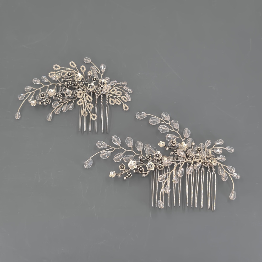 Pair of Crystal Floral Antique Silver Combs 