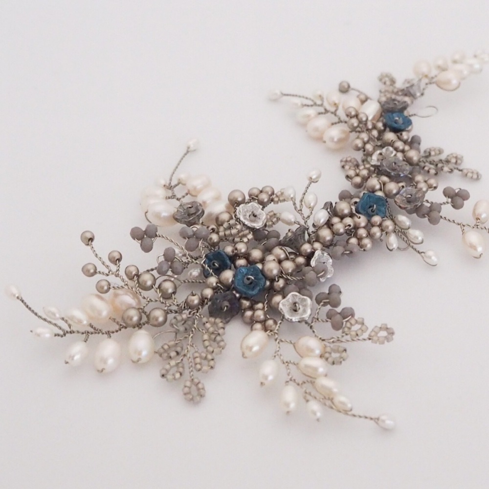 Winter Rose Headpiece in Antique Silver and Blue