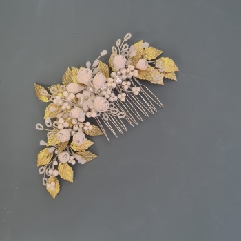 Porcelain Roses and Gold Leaf Hair Comb