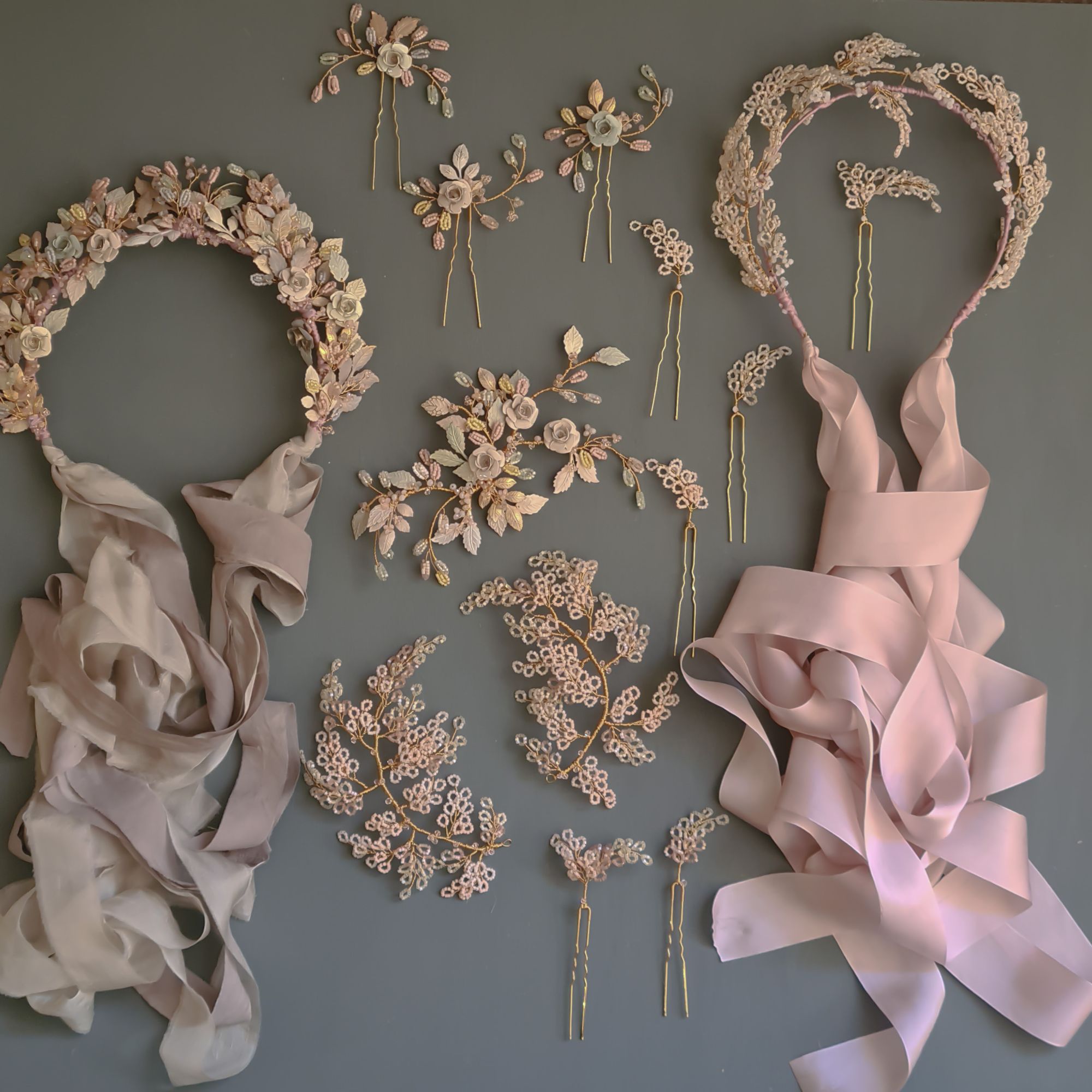 A selection of beautiful handmade floral bridal hair crowns, headpieces and hair pins made by British bridal designer Clare Lloyd