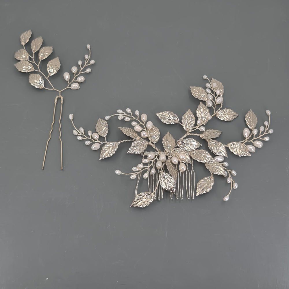 Silver leaves and freshwater pearl headpiece and pin
