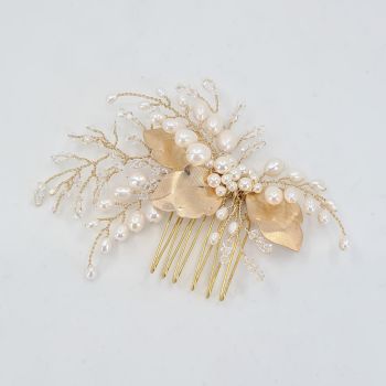 Small Gold Leaves and Freshwater Pearl Hair Comb 