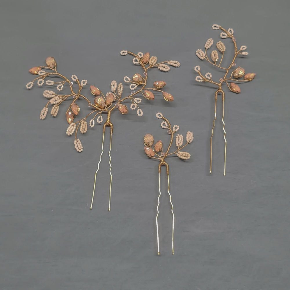 FAWN | Delicate Pale Gold and Peach Opal Wedding Hair Pins
