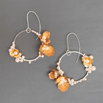 ANEMONE | Sterling Silver, Gold Flower and Pearl Hoop Earrings 