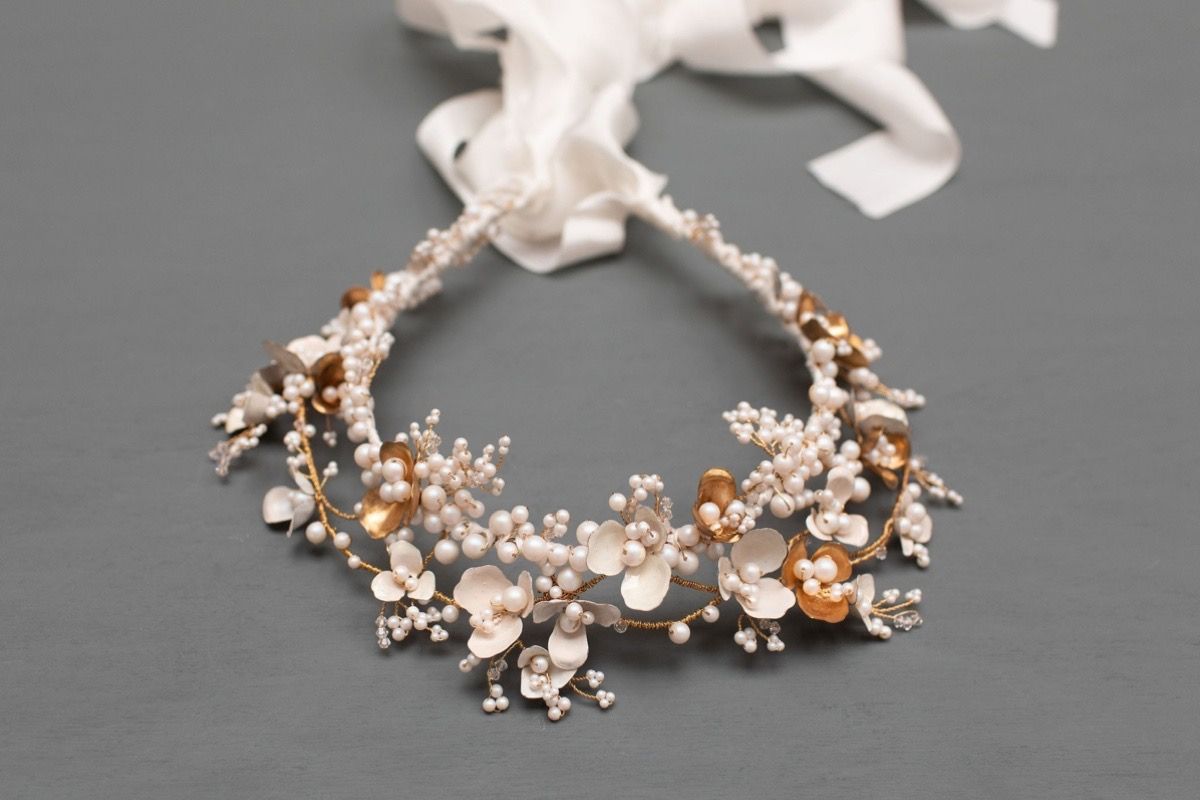 white and gold flower statement wedding headdress with Swarovski pearls 