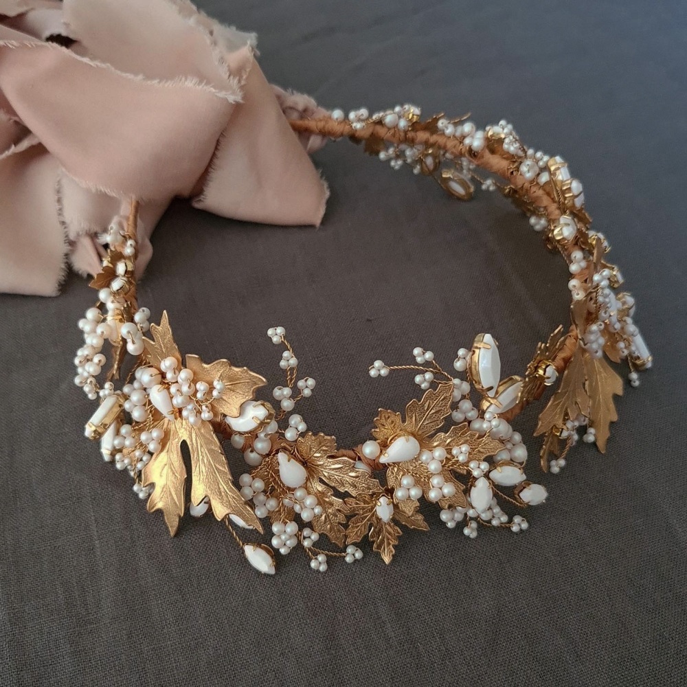 MAPLE | Autumn Leaf Gold and White Pearl Wedding Crown Headdress