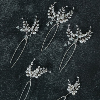 ANTHISEI | Freshwater Pearls, Aquamarine and Sterling Silver Bridal Hair Pins 