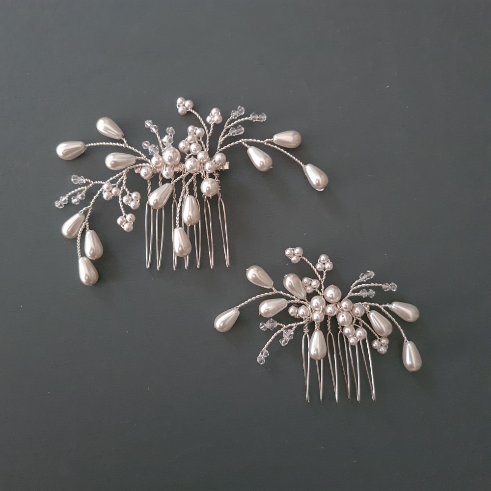 LUNA | Glass Pearl Drop and Crystal Wedding Hair Combs