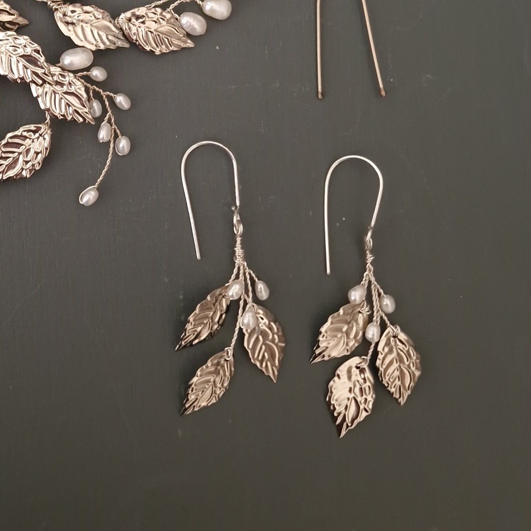 Silver Leaves and Freshwater Pearl Bridal Earrings