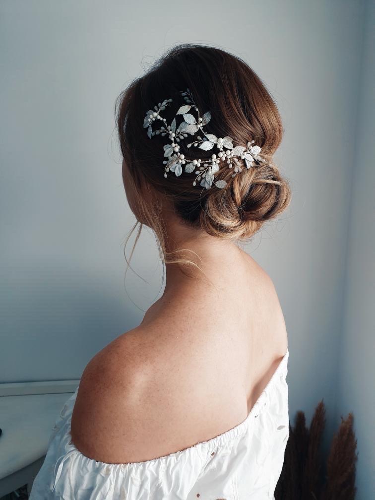White floral Leuce wedding headpiece styled by Sara Roberts HMUA