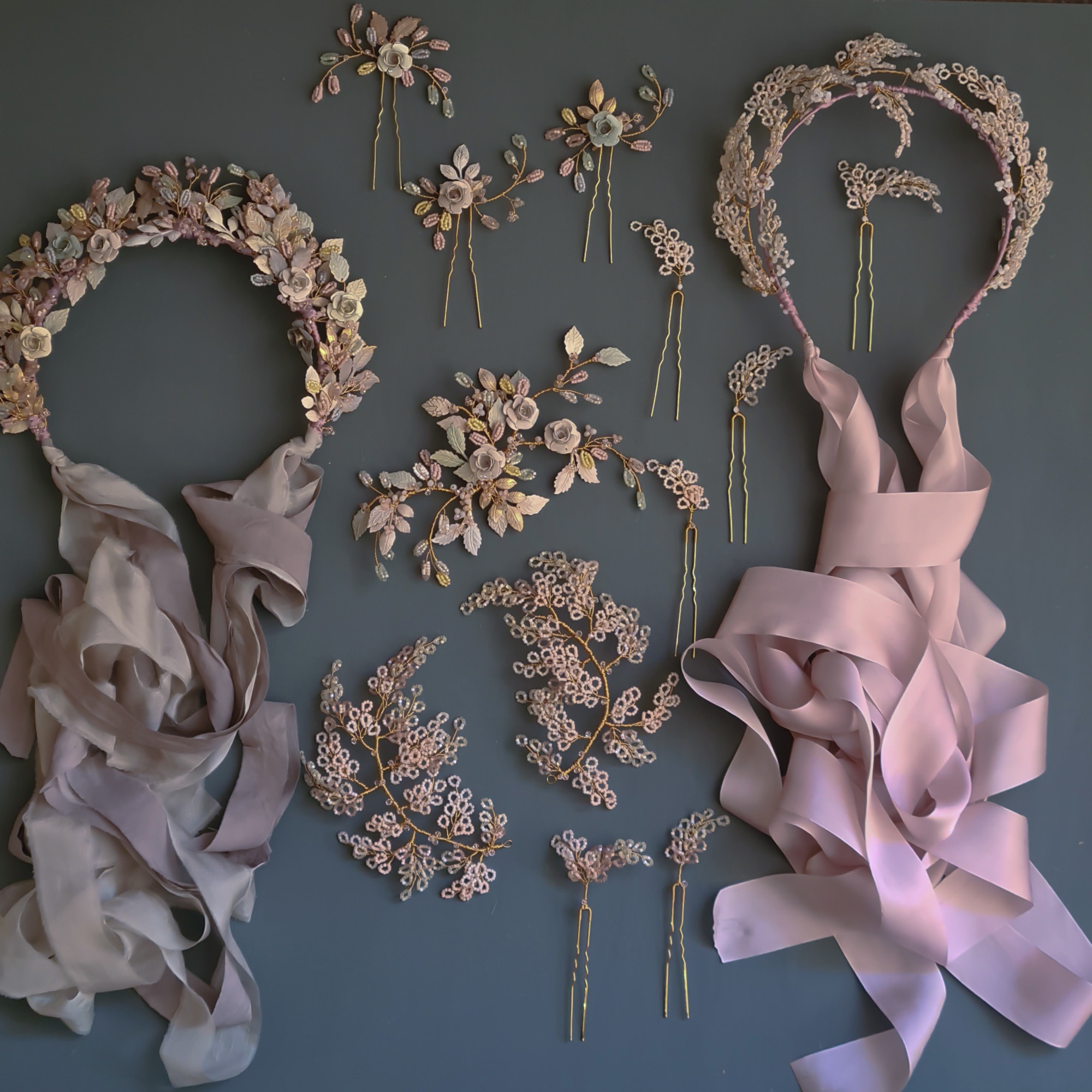 A selection of delicate floral handmade wedding headdresses, headpieces and hair pins.  Made by Clare Lloyd