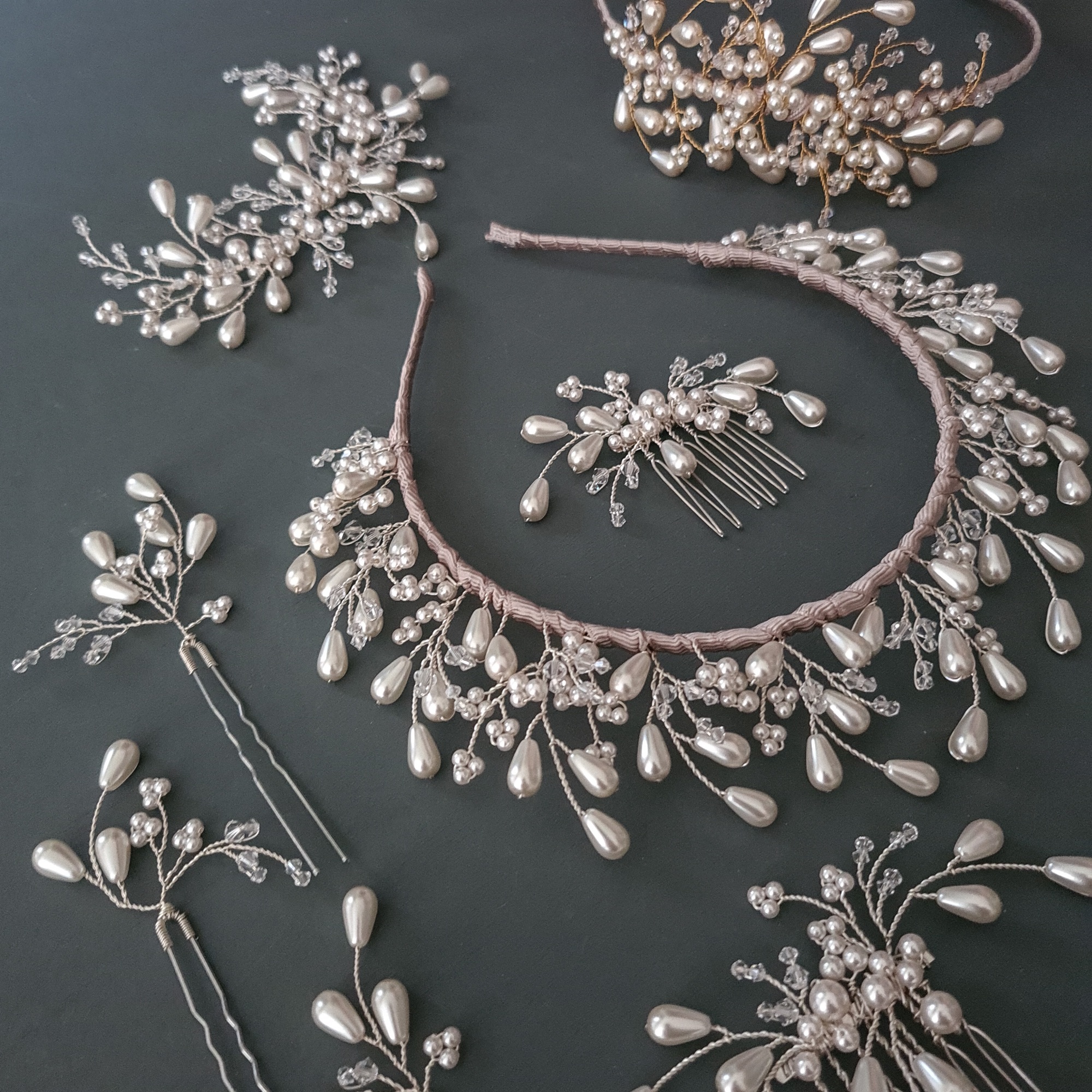 Luna vegan pearl bridal hair accessories handmade by Clare Lloyd