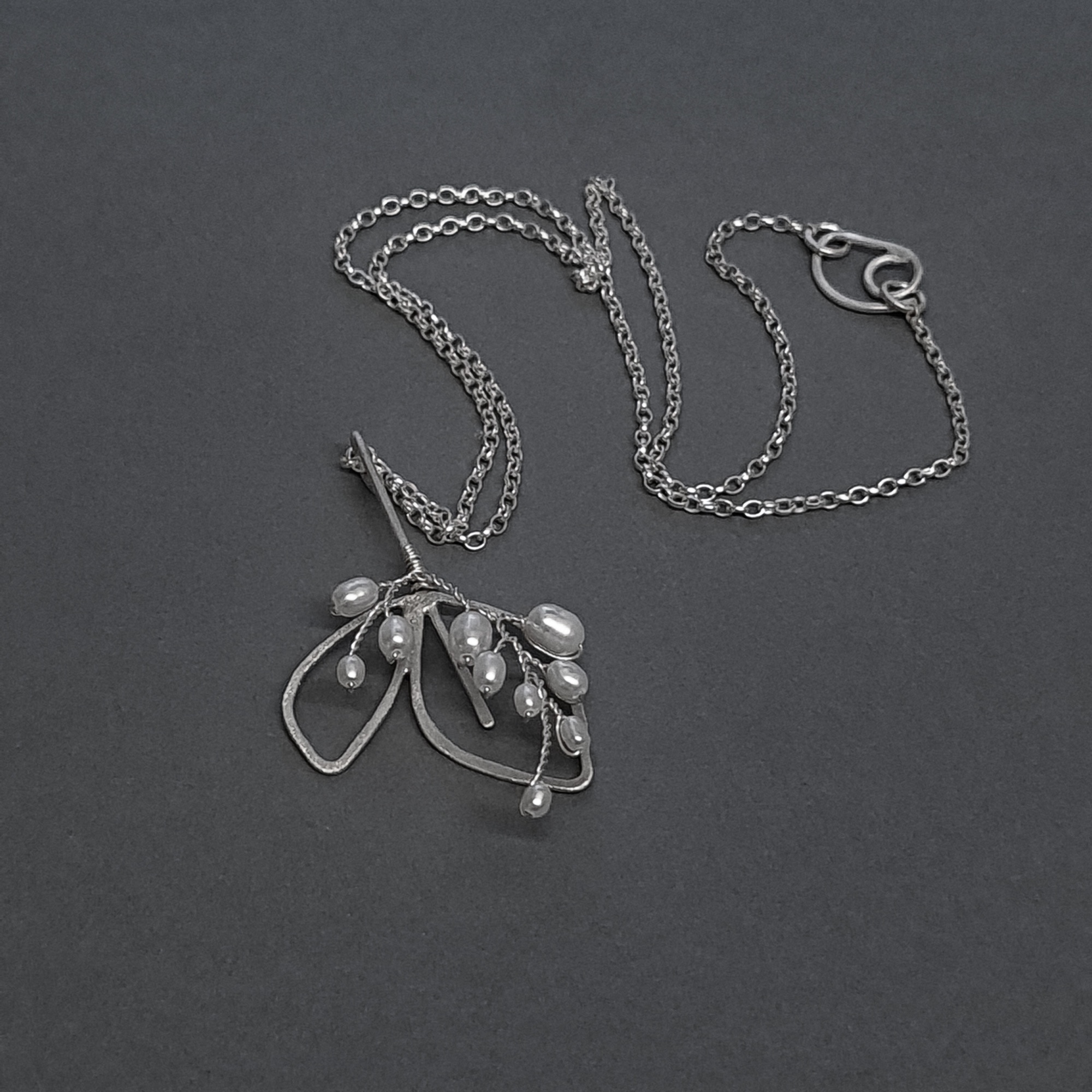 Recycled sterling silver outline leaf pendant necklace with freshwater pearls 
