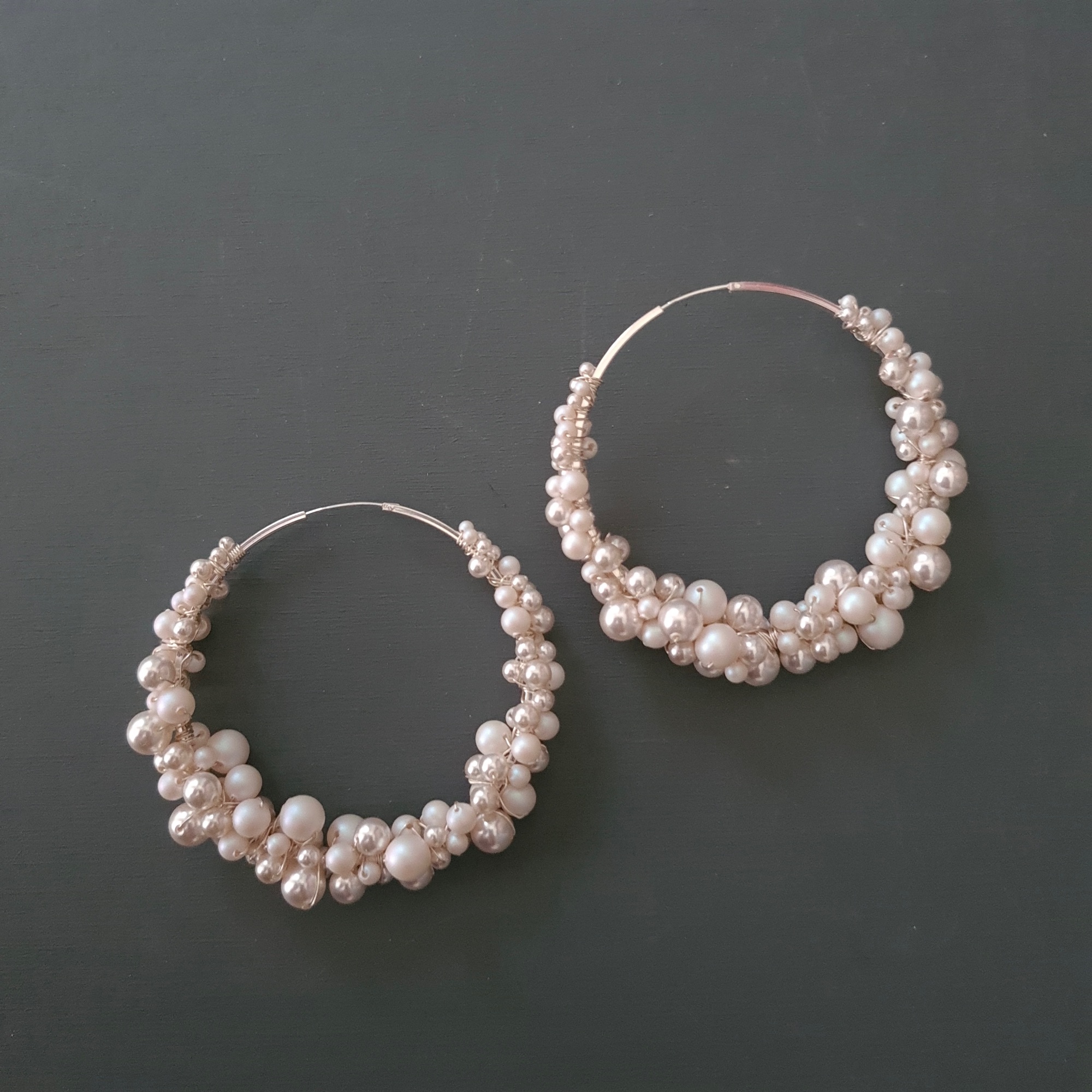 Recycled sterling silver statement bridal hoop earrings with white pearls