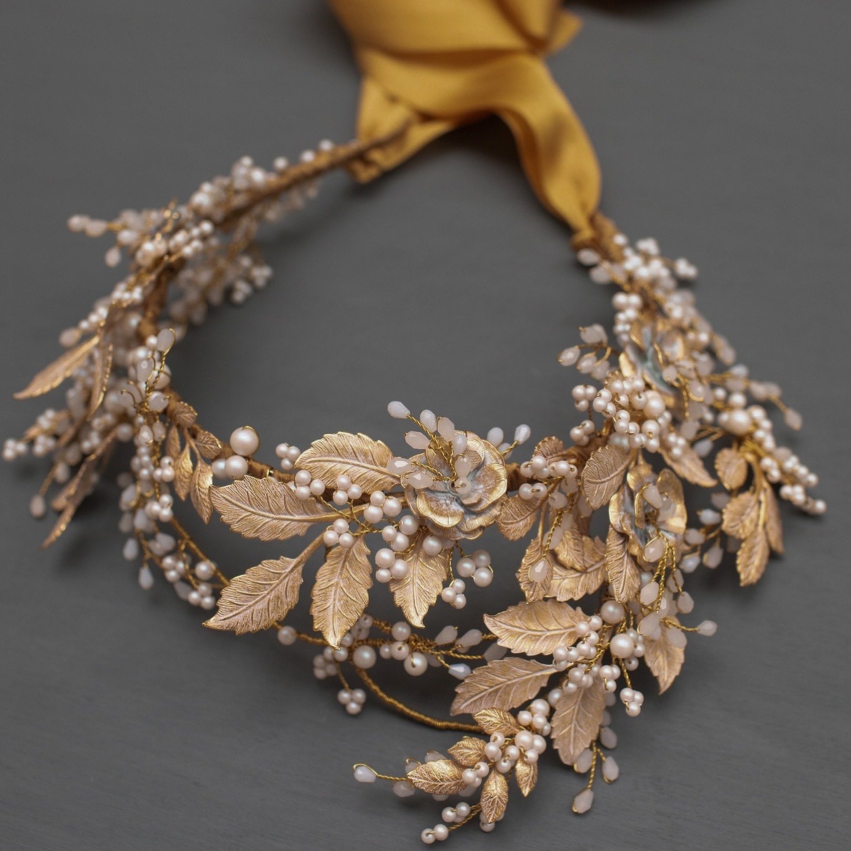 Statement bridal crown headdress made from glass pearls and pale gold leaves