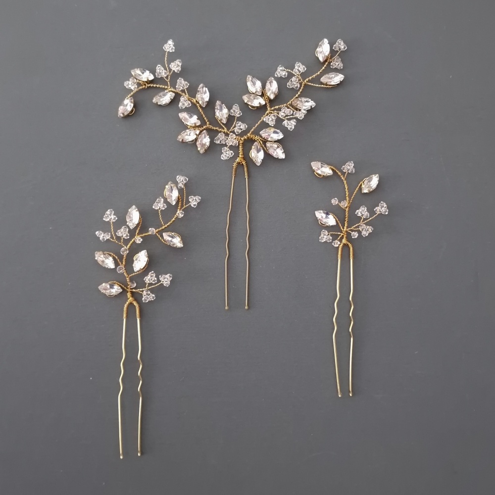 Set of three Lumi diamante and clear crystal wedding hair pins