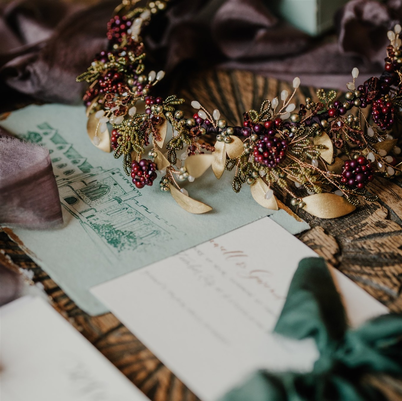 Autumn blackberry and golden leaf wedding crown image by Gem Hicks Photography