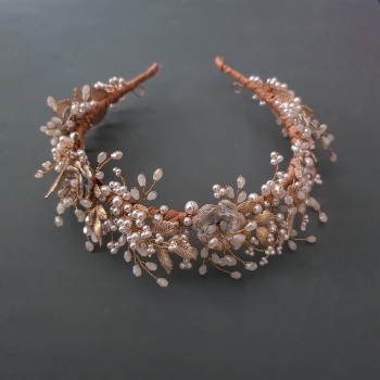 DESDEMONA | Pale Gold Pearl and Rose Floral Wedding Headdress