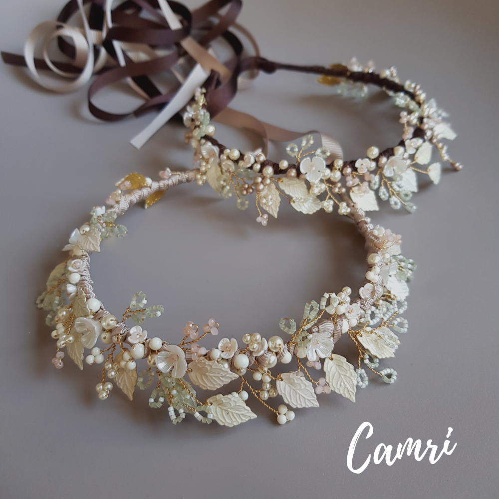 CAMRI | Botanical Wedding Crown with enamel leaves, pearls and flowers