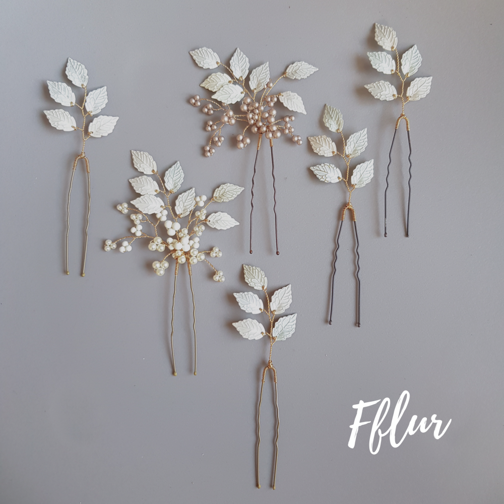 FFLUR | Delicate Botanical Leaves and Pearls Bridal Hair Pin Trio