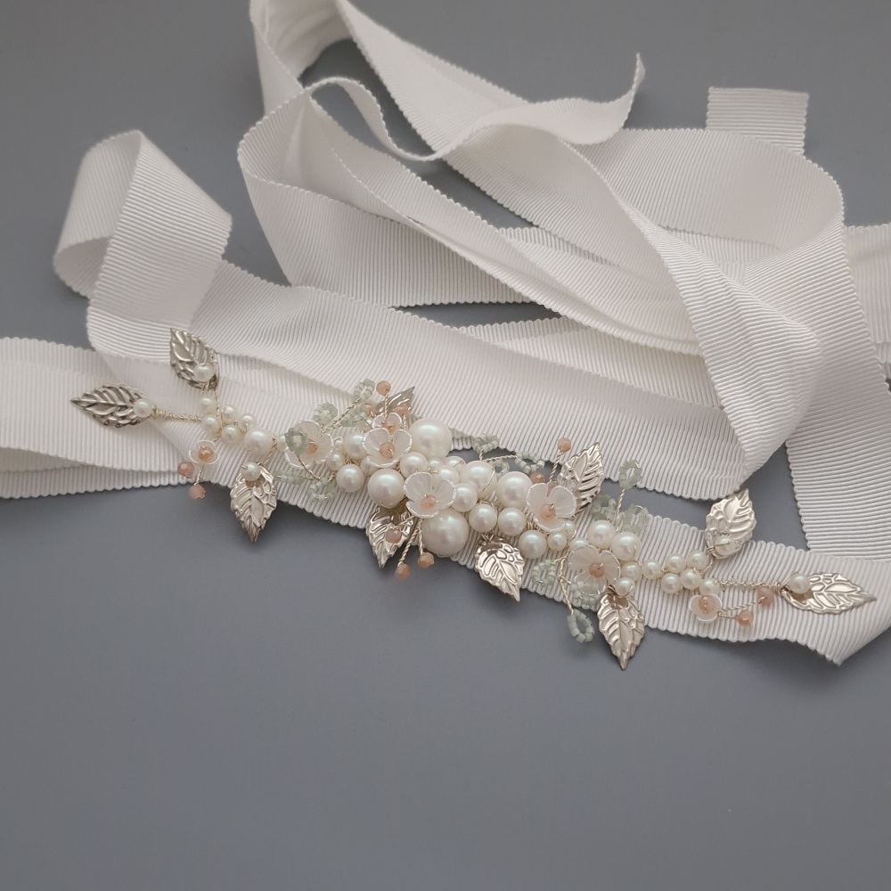 CAMRI | Delicate Floral, Pearls and Botanical Bridal Sash