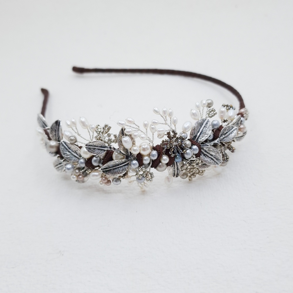 AUTUMN LEAVES | Antique Silver Asymmetric leaves and pearls Wedding Headdre