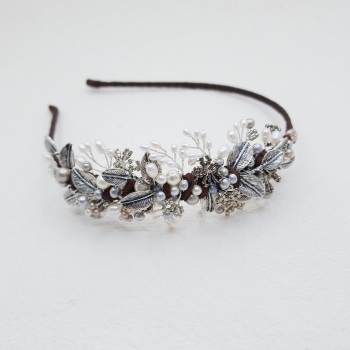 AUTUMN LEAVES | Antique Silver Asymmetric leaves and pearls Wedding Headdress