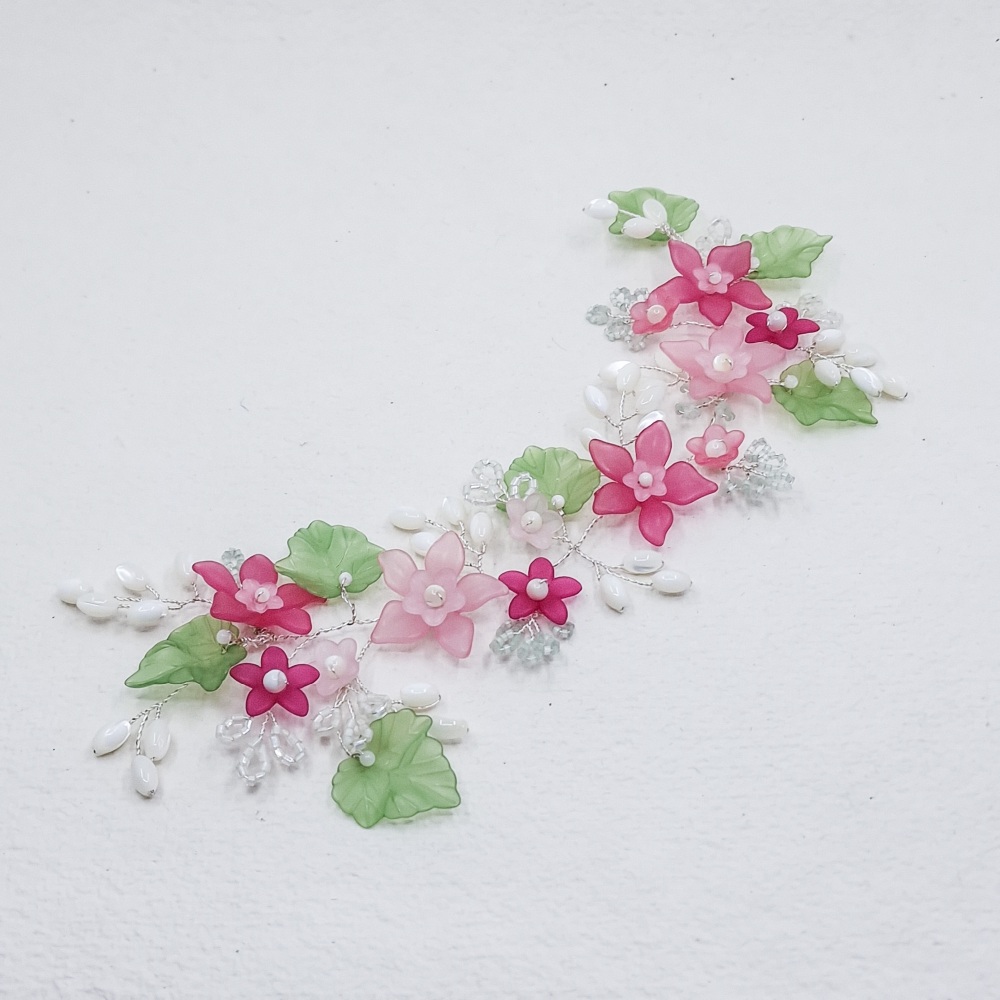 LUCITE FLOWERS | Bright Pink, Green and Silver Floral and Leaf Hair Vine