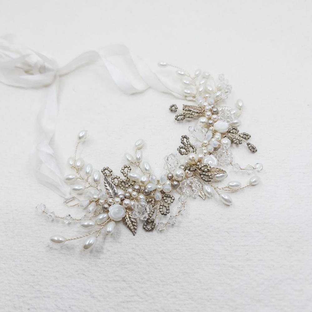 TINY ROSE AND LEAF | Silver Floral Wedding Headpiece and Statement Necklace