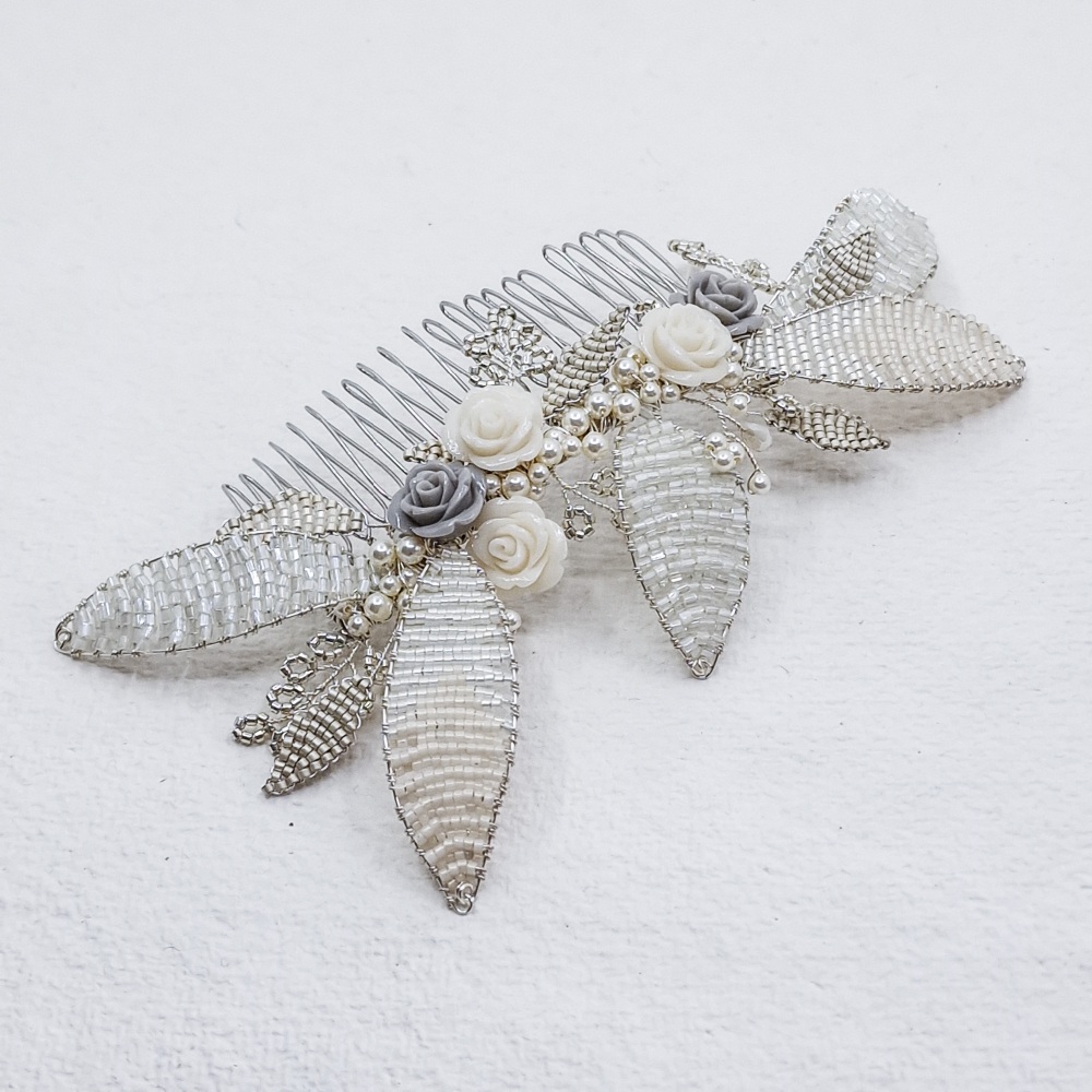 SILVER BEADED LEAVES | Statement Botanical Bridal Comb with leaves and Rose