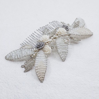 SILVER BEADED LEAVES | Statement Botanical Bridal Comb with leaves and Roses