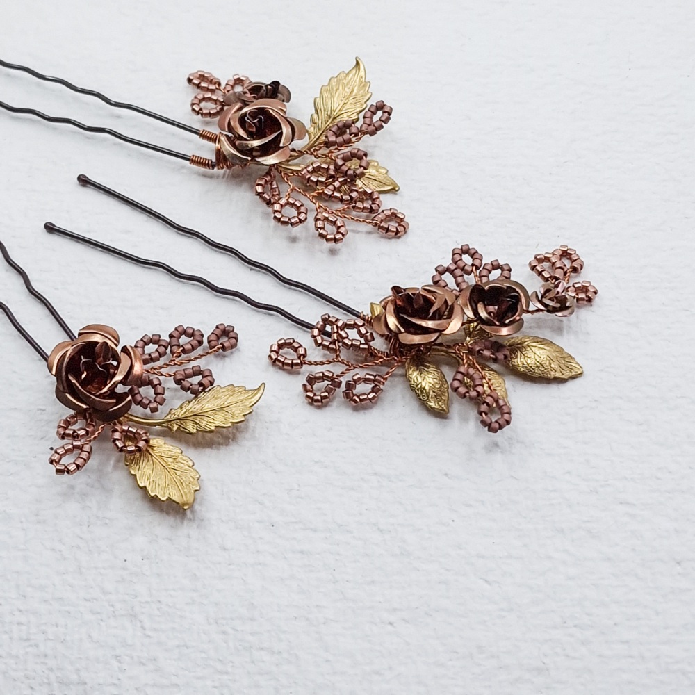 COPPER ROSES | Set of three Autumnal Rose Bridal Hair Pins