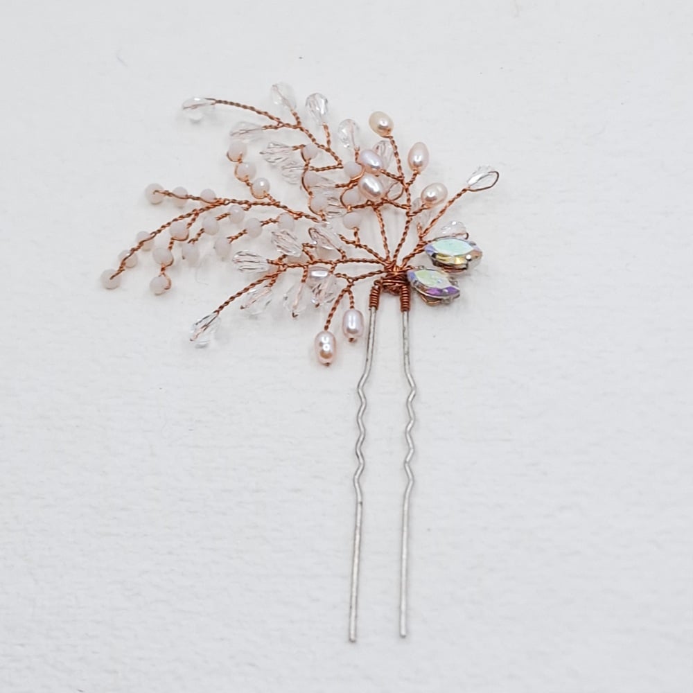 FERN | Bridal Hair Pin  in Cooper, Blush Pink with Diamante and Freshwater 