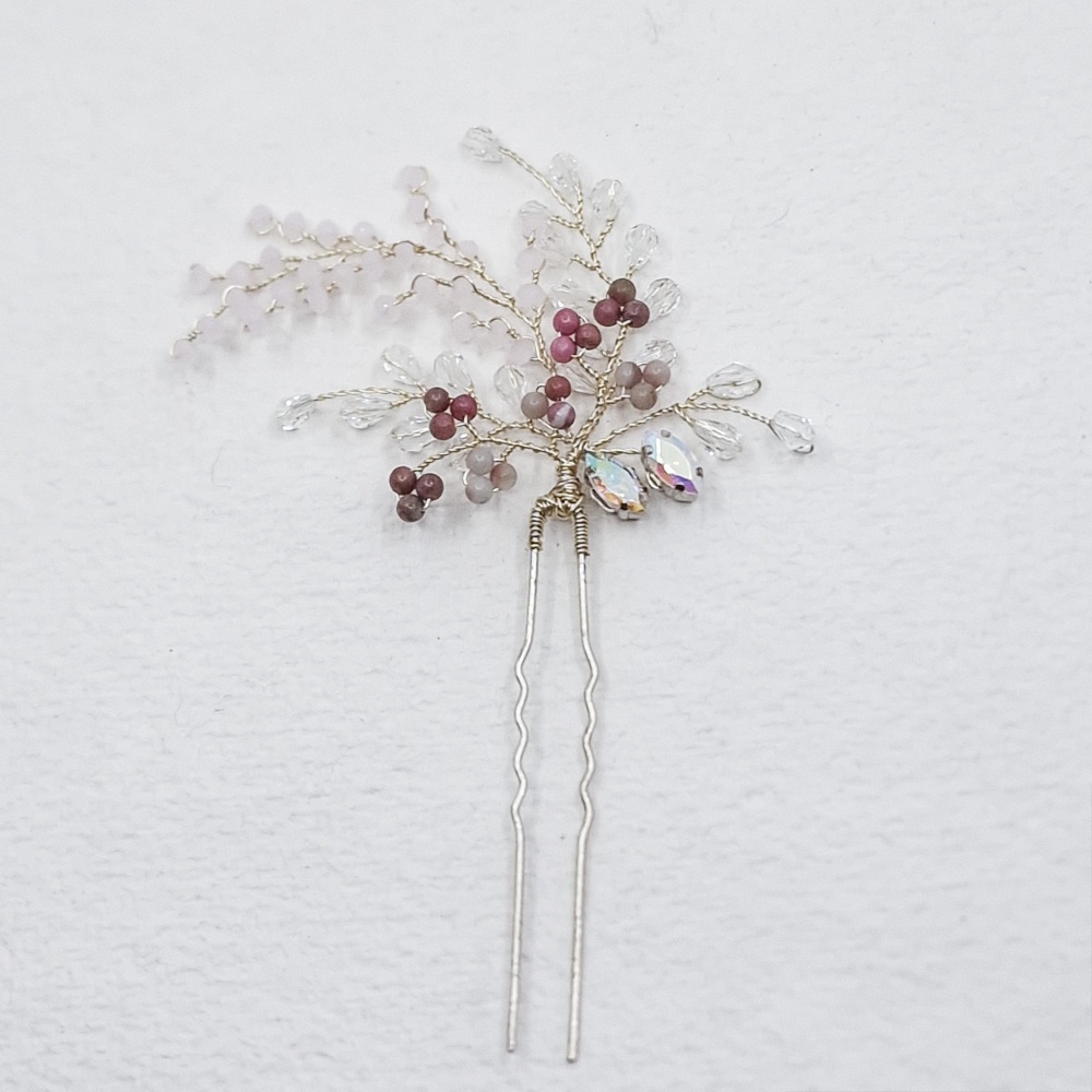 FERN | Bridal Hair Pin  in Silver with Diamante, Rhodolite Crystal and Pale