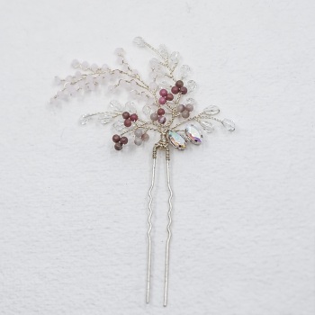 FERN | Bridal Hair Pin  in Silver with Diamante, Rhodolite Crystal and Pale Pink Opal