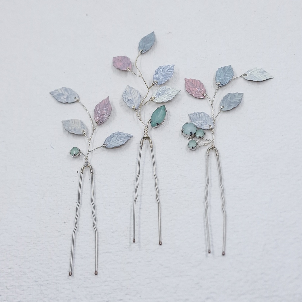 PASTEL LEAVES | Set of three silver and pastel enamel bridal hair pins