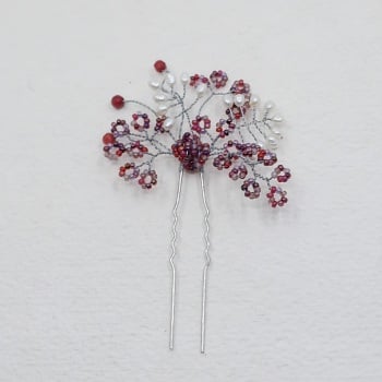 VINTAGE SILVER & RED | Antique Silver,Fresh Water Pearl and Deep Red Seed Bead Bridal Hair Pin