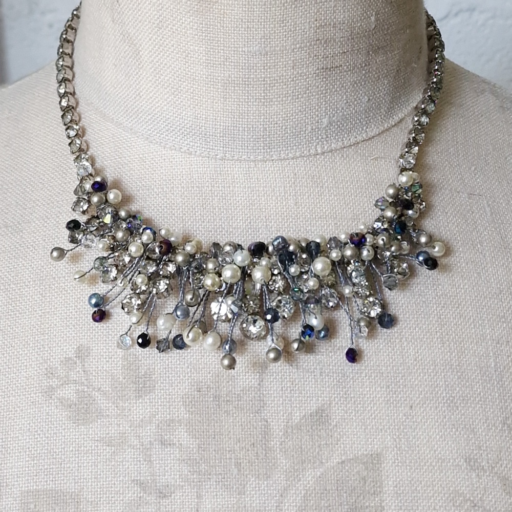 STATEMENT NECKLACE | Antique Diamante and Pearl Grey and Black Necklace
