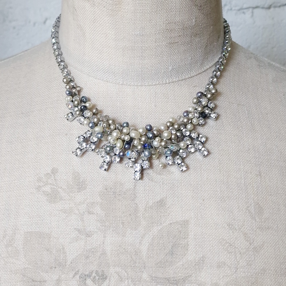 STATEMENT NECKLACE | Antique Diamante and Pearl Grey and Cream Necklace