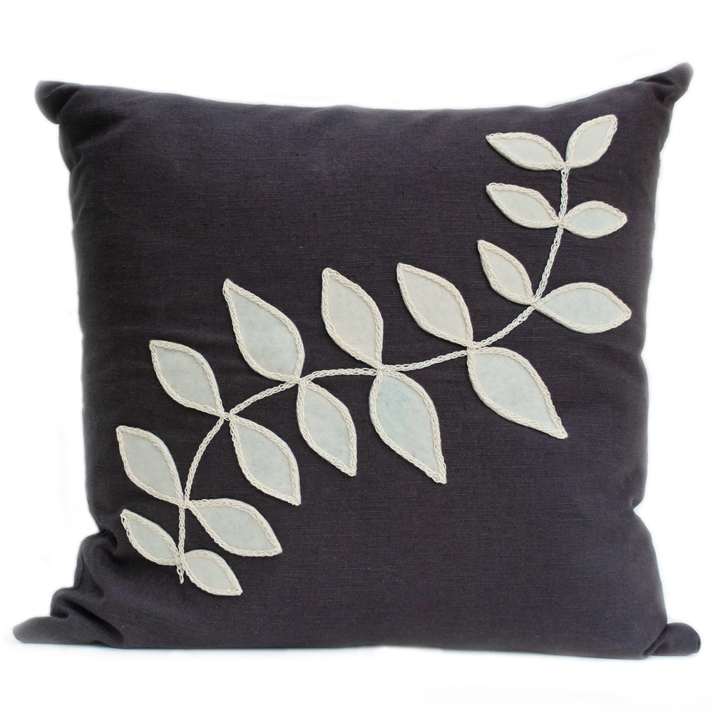 Slate linen cushion with cream leaf design