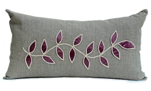 Slate linen cushion with cream leaf design