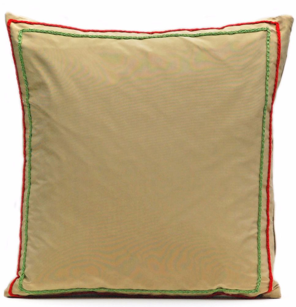 Gold silk cushion with crocheted detail