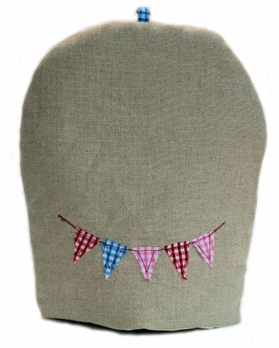 Linen coffee cosy with embroidered bunting