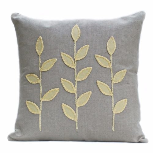 Linen cushion with wool felt primrose leaves