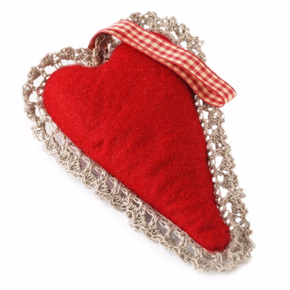 Red wool felt heart lavender bag with linen crochet