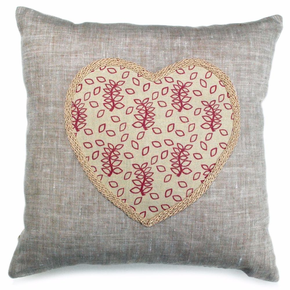 Linen cushion with dusky rose and cream heart detail