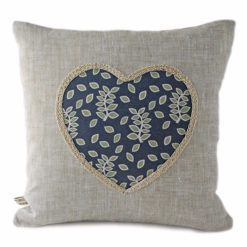 Smokey leaves linen cushion with heart detail