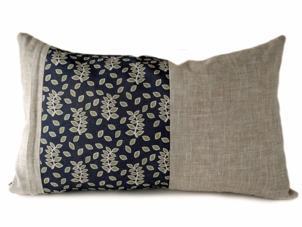 Linen lumbar cushion with a smokey leaves panel detail